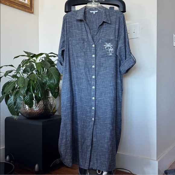 Blue Island Swim Coverup Shirt Maxi/Midi Dress Sz M Long Sleeve Button Front